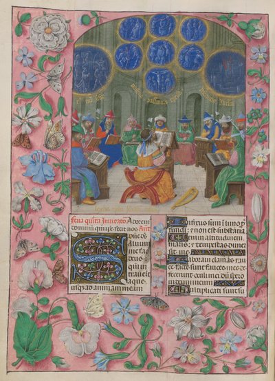 David et les chanteurs du Temple. Le Psautier. David et les chanteurs du Temple. Les chanteurs portent des fleurs allégoriques, sous des visions de la Passion, des souffrances des martyrs et de la destruction de Jérusalem. La harpe de David est à côté de l - Master of the Dresden Prayer Books