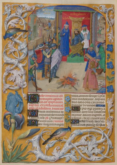 Nabuchodonosor brûlant les livres. Psautier. Nabuchodonosor préside à la destruction des livres lors de la destruction de Jérusalem. Psaume 1. Bordure de décoration en trompe-l