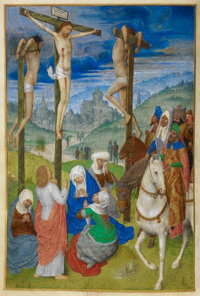 La Crucifixion. Heures de la Croix. Christ sur la croix entre les deux voleurs, avec plusieurs figures; trois à cheval. Saint Jean se tient debout, et la Vierge et les Trois Maries sont assises au pied de la croix. Une vue de Jérusalem en arrière-plan. - Master of the Dresden Prayer Books