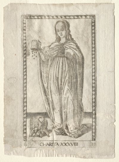Charité de la série Tarocchi, série B : Principes cosmiques et vertus, #38, avant 1467 - Master of the E Series Tarocchi