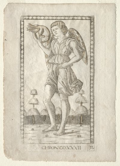 Génie du Temps de la série Tarocchi, série B : Principes cosmiques et vertus, #32, avant 1467 - Master of the E Series Tarocchi