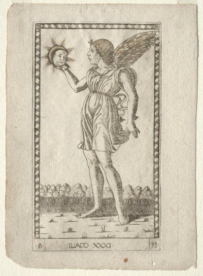 Génie du Soleil de la série Tarocchi, série B : Principes cosmiques et vertus, #31, avant 1467 - Master of the E Series Tarocchi