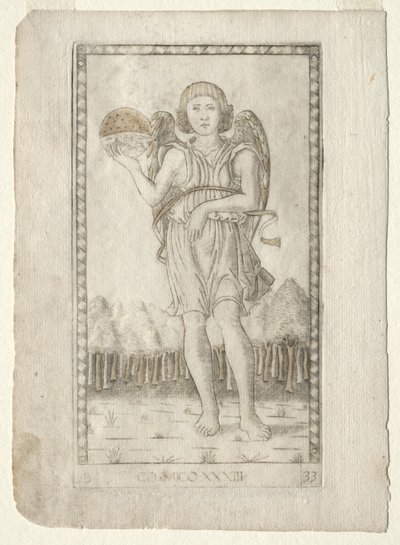 Génie du Monde de la série Tarocchi, série B : Principes cosmiques et vertus, #33, avant 1467 - Master of the E Series Tarocchi