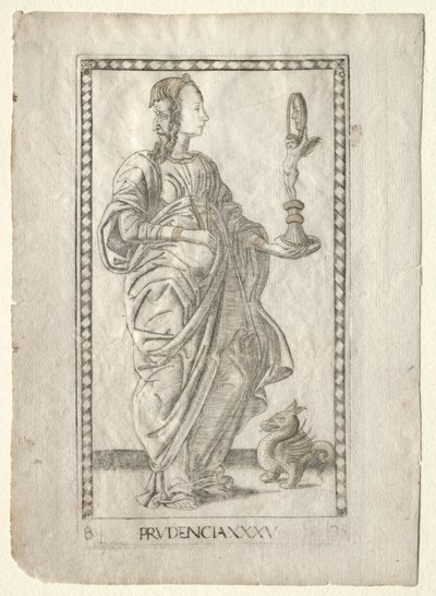Prudence du Tarocchi, série B : Principes cosmiques et vertus, #35, avant 1467 - Master of the E Series Tarocchi