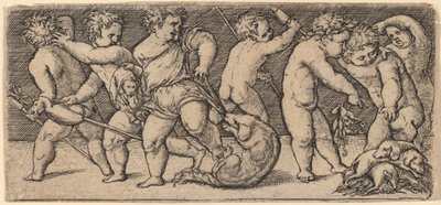 Enfants jouant avec une chienne et trois jeunes chiens - Master of the Horse Heads