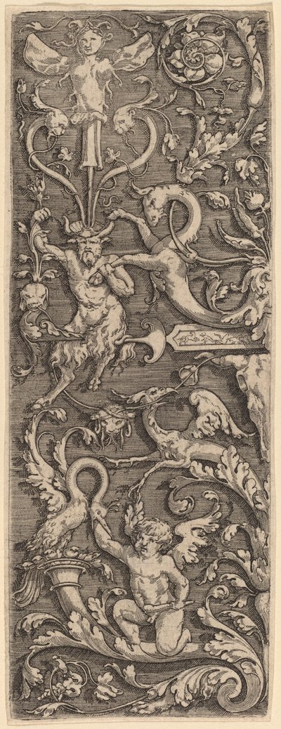 Ornement avec un Cupidon, un Satyre et des figures grotesques - Master of the Horse Heads