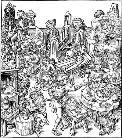 Mercure et ses enfants. Illustration du Housebook, années 1480 - Master of the Housebook