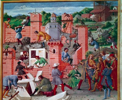 La construction de la ville de Rome. Les jumeaux Romulus et Remus visitent le site. Les ouvriers sont actifs dans la tâche : maçons, tailleurs de pierre, porteurs, marbre et ciment (préparation du ciment) au travail. Miniature dans le Romuleon. - Master of the Innocent III missal