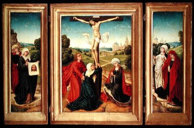 Triptyque avec le panneau central représentant la Crucifixion avec la Vierge, Saint Jean et Marie-Madeleine; l