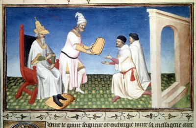 Marco et Mattia Polo recevant des dons de Kubilay Khan, - Miniature tirée du « Livre des Merveilles » (« Devisement du Monde », « Il Milione ») par Marco Polo (1254-1324) enluminée par le Maître de Mazarine, vers 1410-1412 - Master of the Mazarine