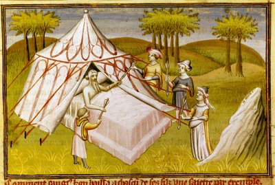 Le chef mongol Gengis Khan sur son lit de mort donnant ses dernières recommandations à ses fils, c.1410 (miniature) - Master of the Mazarine
