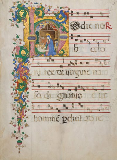 Feuille de manuscrit avec la Nativité dans une initiale H, d