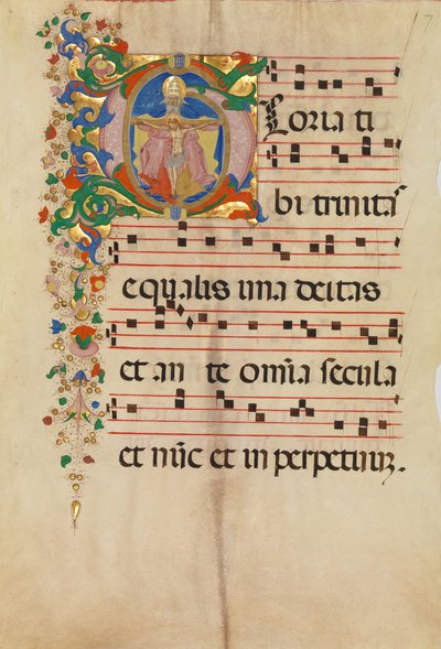 Feuille de manuscrit avec la Trinité dans une initiale G, d