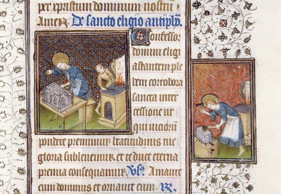 Ms 62 f.215r St. Éloi fabriquant un sanctuaire; St. Éloi à une enclume, d