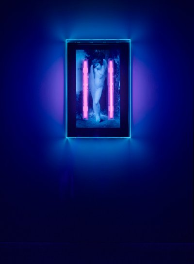 Ange ultraviolet, 2008 (encre ultraviolette sur boîte en plexiglas, 2 néons ultraviolets) - Mat Collishaw