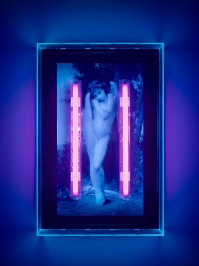Ange ultraviolet, 2008 (encre ultraviolette sur boîte en plexiglas, 2 néons ultraviolets) - Mat Collishaw
