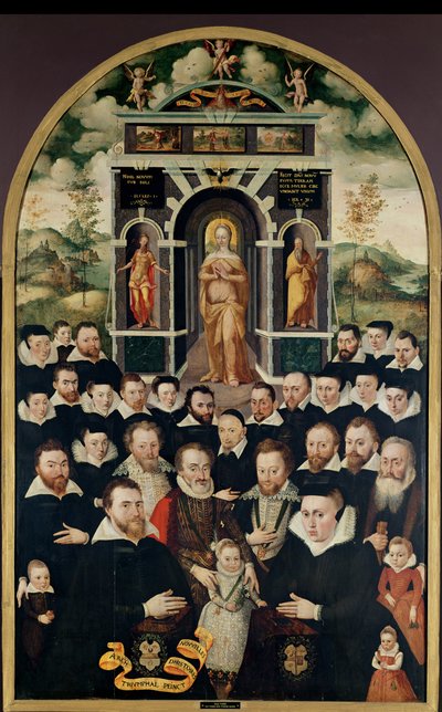 Panneau allégorique représentant la Vierge, Henri IV et les courtisans, donateurs, son épouse et les membres de leur famille - Mathieu Prieur