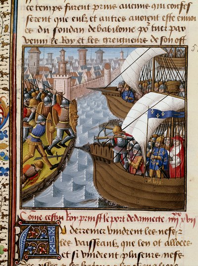 Septième croisade : Roi Saint Louis (1214-1270) et les croisés assiégeant Damiette en juin 1249 en Basse-Égypte. Miniature tirée du manuscrit « Speculum historiale » (Le Miroir historial) de Vincent de Beauvais (1184/94-1264) enluminée par le Maître - Maître François