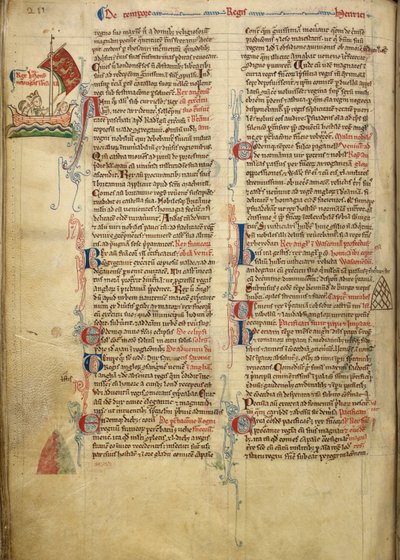 Royal 14 C. VII, f.116v Dessin marginal du roi Henri III traversant la Manche vers la Bretagne, avec une partie du texte accompagnant de la main de l