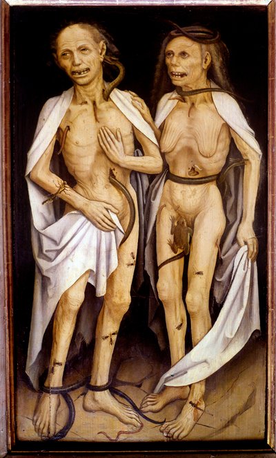 Amants trépassés, un couple âgé avec des corps en décomposition transpercés par des serpents et couverts d