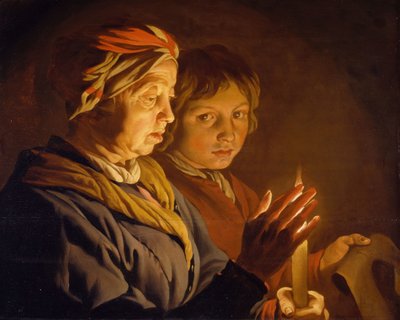 Vieille femme et garçon à la chandelle - Matthias Stomer