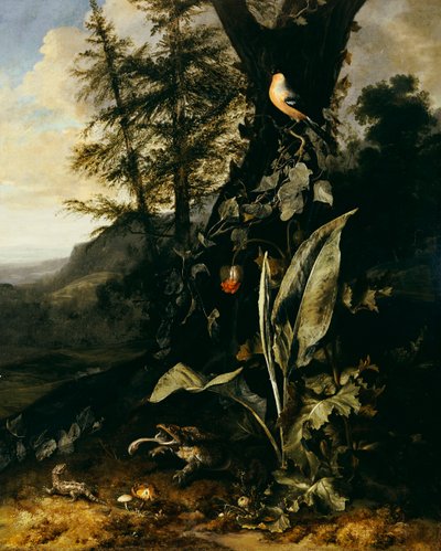 Un sol forestier avec un crapaud et un lézard, un bouvreuil sur une branche de lierre au-dessus, et une montagne au-delà - Matthias Withoos