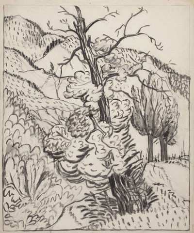 Arbre à flanc de montagne, vers 1930 (pinceau, encre et fusain sur papier vélin blanc cassé) - Maud Hunt Squire