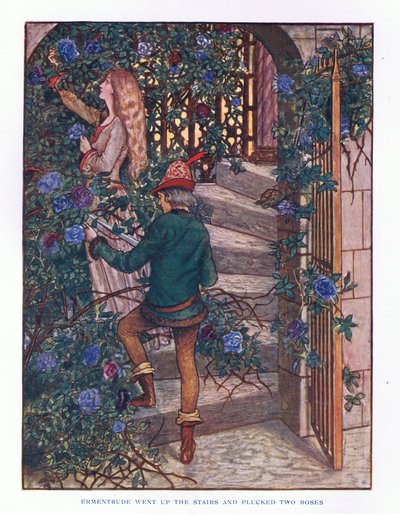 Ermentrude monta les escaliers et cueillit les roses, illustration de Contes de fées de Lady Ann, 1914 - Maud Tindal Atkinson