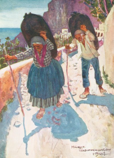 Porteurs de charbon de bois, Amalfi (lithographie couleur) - Maurice (after) Greiffenhagen