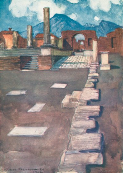 Le Forum, Pompéi (lithographie couleur) - Maurice (after) Greiffenhagen