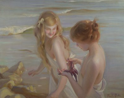 Deux filles avec une étoile de mer sur une plage - Maurice Chabas