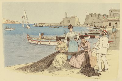 Un homme discutant avec un groupe de femmes réparant des filets de pêche dans la ville de Villefranche, France - Maurice Charles Mathieu Bonvoisin