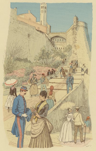 Personnes marchant sur le Grand Escalier du Palais Royal, Monaco (lithographie en couleur) - Maurice Charles Mathieu Bonvoisin