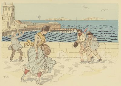 Le Mistral rendant une journée venteuse sur la Promenade de la Corniche, Marseille, France (lithographie en couleur) - Maurice Charles Mathieu Bonvoisin