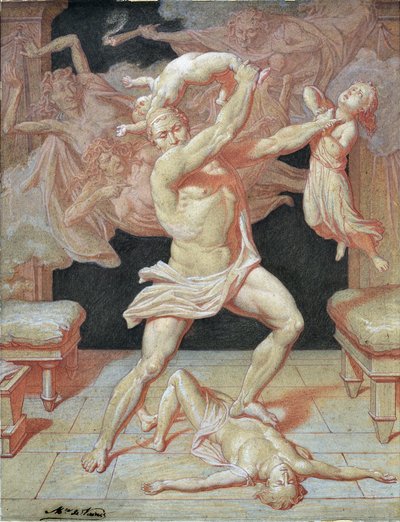 Hercule rendu fou par Héra massacre ses enfants (dessin) - Maurice De Vaines