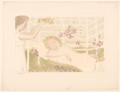 Fille endormie reçoit une couronne de fleurs (Allégorie) (Série: Représentations de l