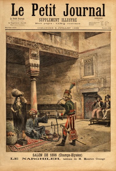 Pendant la campagne française en Égypte, un soldat interroge un indigène sur sa pipe à eau, le narguilé, d