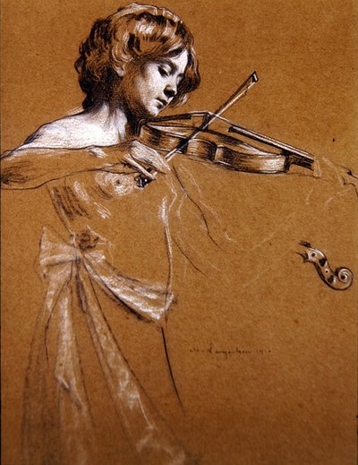 Jeune fille jouant du violon avec les seins nus - Maurice Langaskens