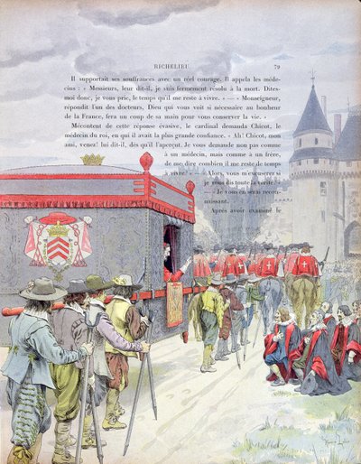 Armand-Jean du Plessis, Cardinal Richelieu (1585-1642) voyageant en litière quand il était vieux, illustration d
