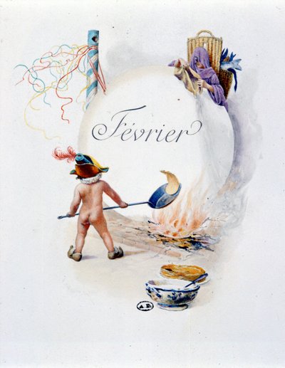 Février « La Chanson du mois » par Jérôme Doucet (Chandeleur), illustration - Maurice Leloir, éd. Reims 1904. L. Michaud - Maurice Leloir