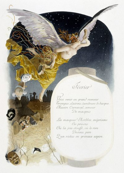 Février « La Chanson du mois » par Jérôme Doucet, illustration - Maurice Leloir, éd. Reims 1904. L. Michaud - Maurice Leloir