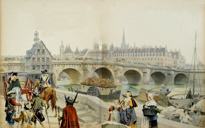 Histoire de France : Exilée au château de Blois par son fils Louis XIII, Marie de Médicis (1575-1642) et sa suite quittent Paris en 1617. Illustration de Maurice Leloir (1853-1940) dans « Richelieu » - Maurice Leloir
