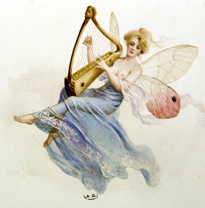 Musique : fée jouant de la harpe. Dans « La chanson du mois » par Jérôme Doucet - Maurice Leloir