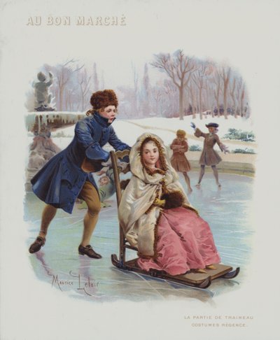 Poussant un traîneau sur la glace, costumes de la période de la Régence française (1715-1723) - Maurice Leloir
