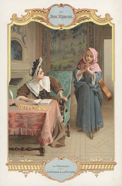 Scène de la fable de Jean de La Fontaine La Cigale et la Fourmi (chromolithographie) - Maurice Leloir