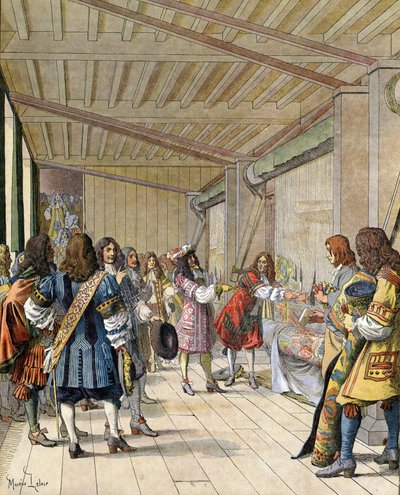 Le peintre Charles Lebrun (1619-1690), directeur de la manufacture, explique à Louis XIV, connu sous le nom de Roi-Soleil - Maurice Leloir