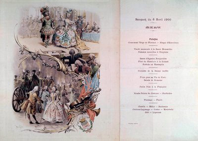 Menu de mariage avec illustration de Maurice Leloir (1851-1940) de bals en costumes et scènes galantes, 6/04/1900 - Maurice Leloir