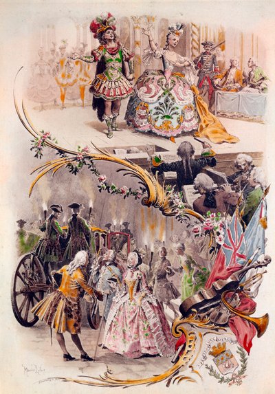 Menu de mariage avec illustration de Maurice Leloir (1851-1940) de bals en costumes et scènes galantes, 6/04/1900 - Maurice Leloir