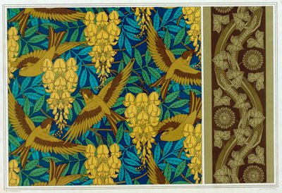 Dessins pour Oiseaux et Glycine Suspendue et bordure de papier peint avec Lézards et Lierre, pub. 1897 - Maurice Pillard Verneuil