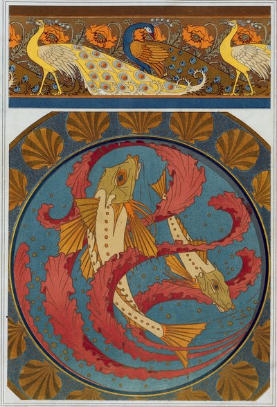 Dessins pour la bordure de paon et de pavot, et assiette en émail avec décoration de grondins et d